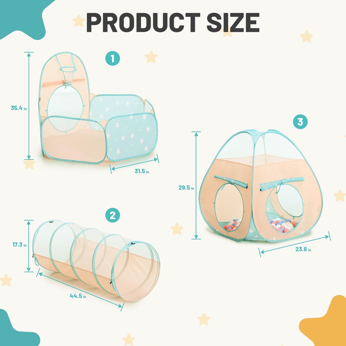 PigPigPen Play Tent for Kids: 3-in-1 Ball Pit with Crawl Tunnel and Princess Tent, Portable Playhouse for Toddlers Boys Girls, Indoor Outdoor Toys Gift Set