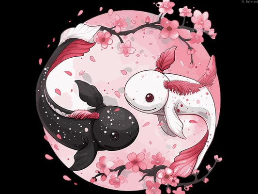 Cute Axolotl Yin and Yang Flowers Diamond Painting Kits for Adults 5D Diamond Art Kit DIY Round Full Drill Art Craft for Home Wall Decor 12x16 inch