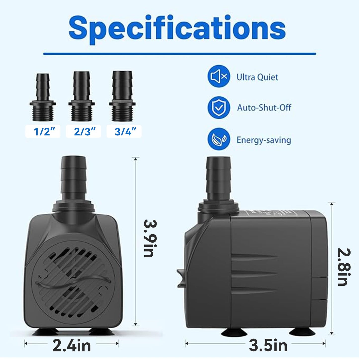 Knifel Submersible Pump 400GPH with AUTO-Shut-Off 6.5ft High Lift for Fountains, Hydroponics, Ponds, Aquariums & More