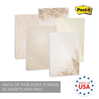 Pampas Grass Sticky Note Pads / 4" x 6" Repositionable Trendy Boho Sticky Notes / 50 Sheets Per Pad/Set of 5 Designs/Made in USA
