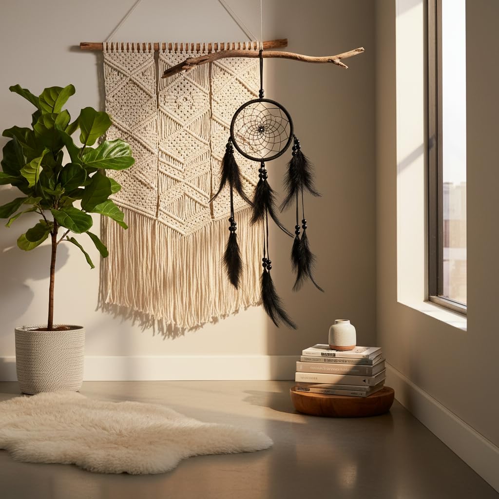 Handmade Large Wood Beads Dream Catcher Dreamcatcher Craft Hanging Pendant Ornament Gift for Living Room Home Decoration Wedding and Festivals (Black)