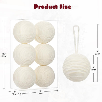 Briful 3.94'' White Christmas Ornament Balls, 6PCS Large Decorative Yarn Balls Xmas Tree Hanging Ornaments with Strings for Holiday Party Christmas Table Vase Decor