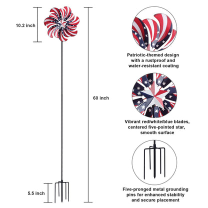 hogardeck 4th of July Wind Spinners Outdoor, Metal Wind Spinners with Stakes for Memorial Day Decorations, 360° Rotating Double Layers Windmill Yard Art for Outside Lawn Porch, Red White Blue