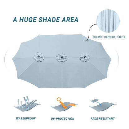 Bigroof 15ft Patio Umbrella with Base, Large Outdoor Double-Sided Market Umbrella with Terylene Polyester Fabric and Crank for Poolside Garden Deck Backyard Beach Pools, Light Blue