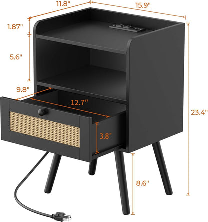 SUPERJARE Nightstand with Charging Station & Rattan-Like Decor Drawer, Rattan End Table with Solid Wood Feet, Bed Side Table with Open Storage, for Bedroom, Living Room, Dormitory - Black