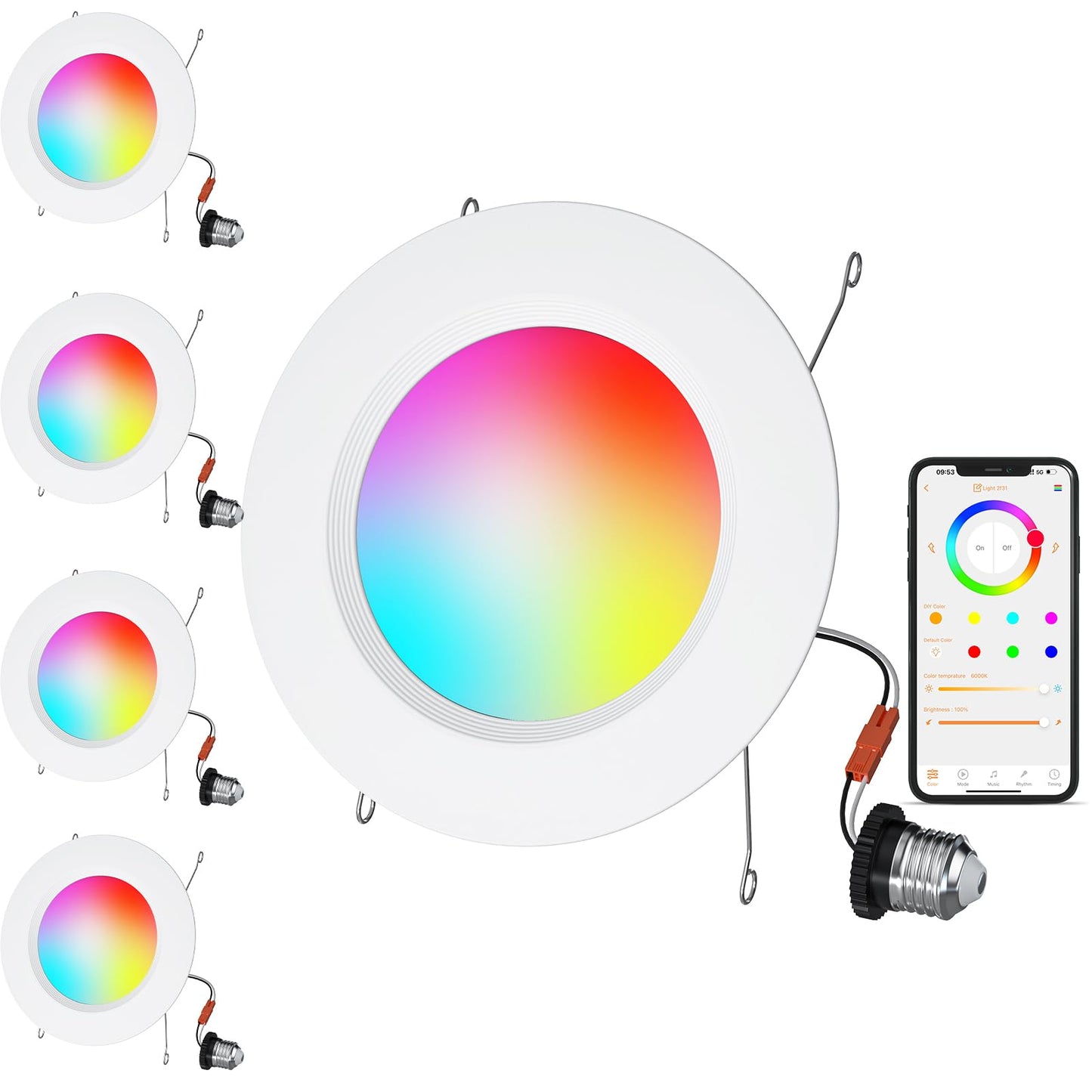 HYDONG Smart Recessed Lighting 5/6 inch,Color Changing Can Lights 4 Packs,13W 1050LM Retrofit led recessed Lighting,Bluetooth APP Control,Phone Assistant Voice Control,for Bedroom Kitchen Living Room