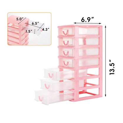 Rempry Mini Plastic Organizer with 7 Clear Drawers, 7.1"x5.1"x13.2" Small Storage Drawers Containers for Desk, Counters, Cabinets, Pink