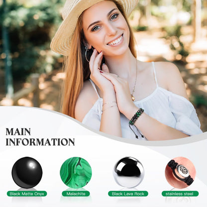 Triple Protection Bracelet - for Protect & Balance - Energy Crystal Bracelets for Men Women - Bring Good Luck & Prosperity - Malachite Hematite & Black Obsidian Jewelry Natural Stone Healing Bracelet