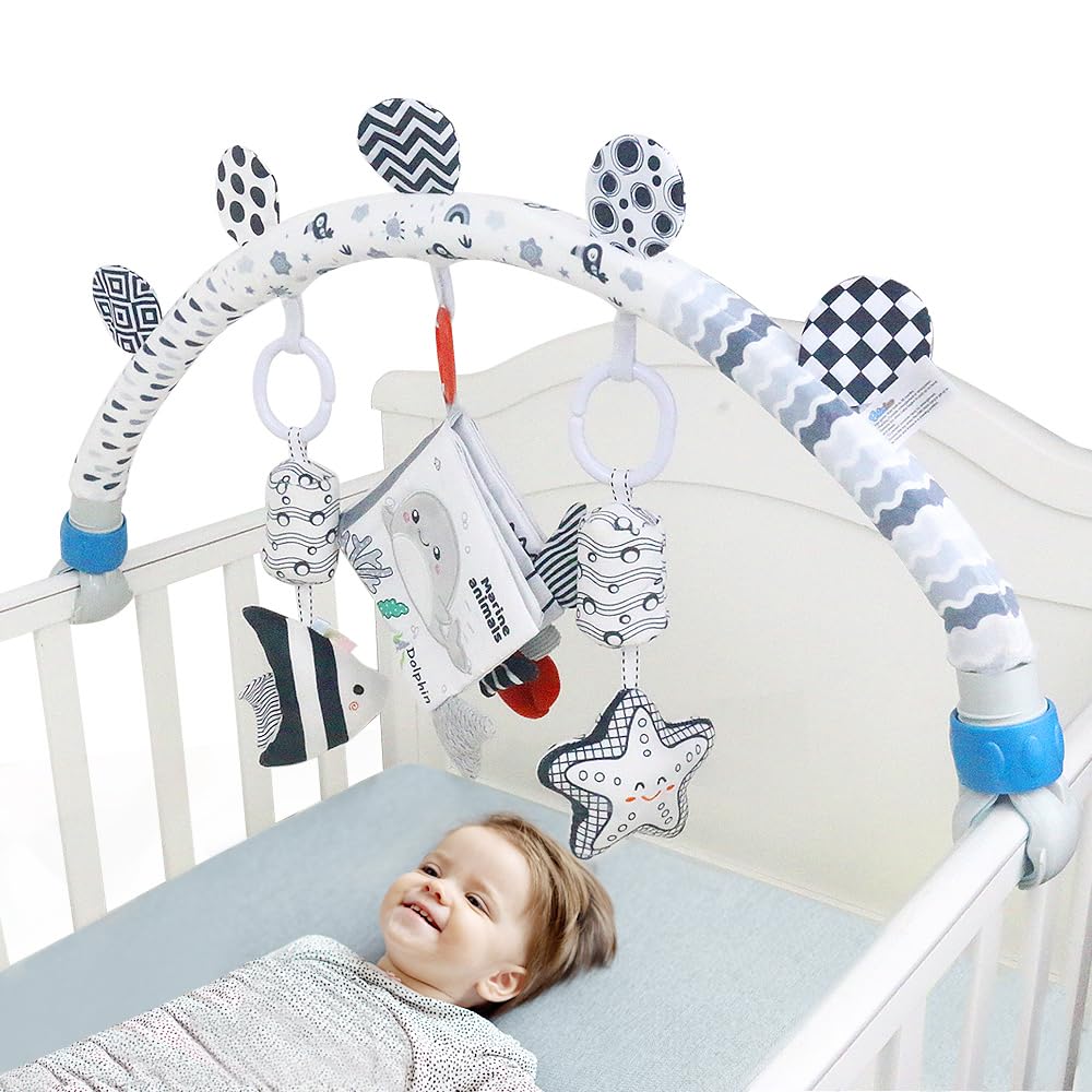 Baby Activity Travel Mobile Arch Bassinet Toy, Black and White High-Contrast Crib Toys, with Rattle and Book, Strolle,Pram and Crib Attachment with Hanging Toys (Ocean)