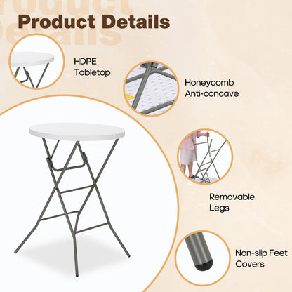 GlowitLian 32" Round Folding Table, Portable Bar Height Folding Table with Detachable Legs, Round Foldable Table with HDPE Top for Standing Parties, Balcony, Event, Indoor Outdoor Use (White, 1 Pack)