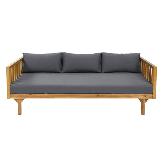 Christopher Knight Home Claremont Patio Sofa and Coffee Table Set, 2 Piece Outdoor Patio Furniture Set with Cushion, Acacia Wood 3 Seater Outdoor Sofa Daybed and Coffee Table Set, Teak+Dark Grey