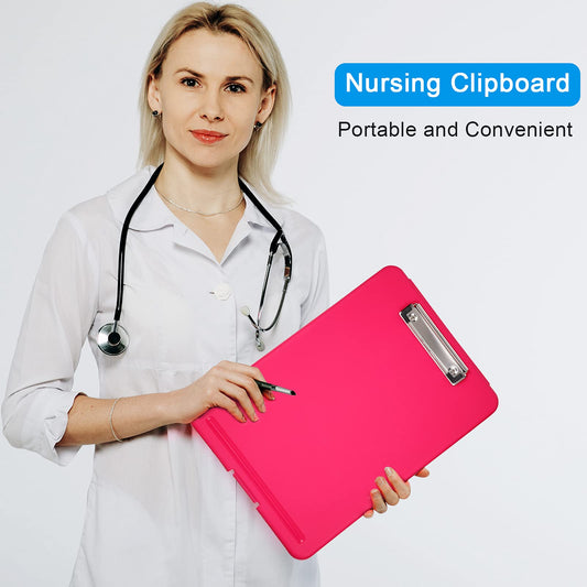 6 Pcs Clipboard with Storage Bulks, 9.5 x 13.5 Heavy Duty Plastic Storage Clipboard, Nursing Foldable Clip Board with Compartment and Metal Clip for Nurse Teacher Student Office (Multiple Color)