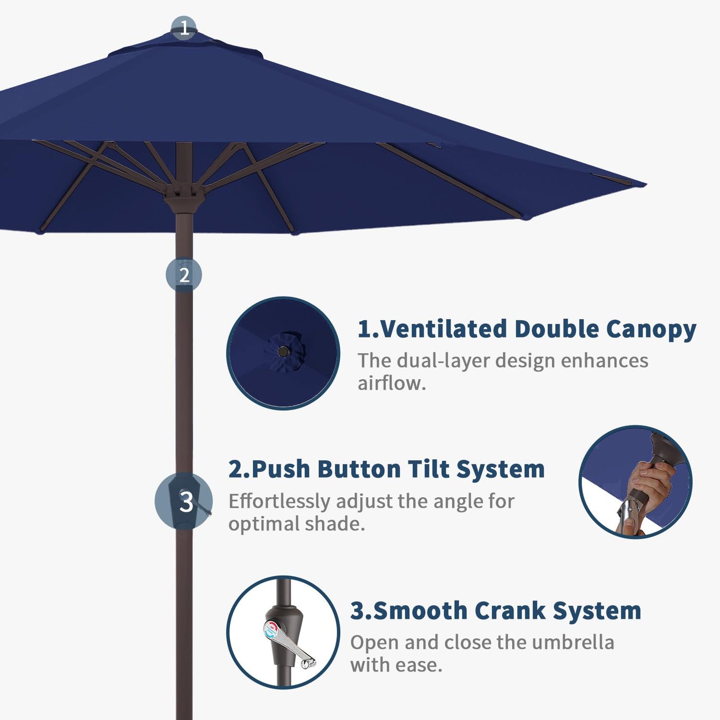 Patio Kingdom 9FT Patio Umbrella with Fiberglass Ribs, Outdoor Market Table Umbrella with Crank and Tilt, UV Resistant Waterproof Canopy for Patio, Garden, Deck, Pool, Navy Blue