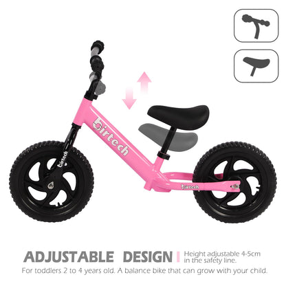 Birtech 12 Inch Toddler Balance Bike for Kids 2-6 Years Old, Adjustable Seat Height, Indoor Outdoor Toy Bicycle With No Pedals, Pink
