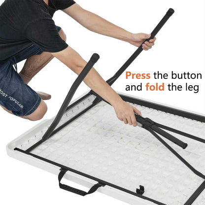 Amazon Basics Heavy Duty Portable Folding Table, 6 ft, Indoor & Outdoor, Fold-in-Half Design with Carrying Handle, White