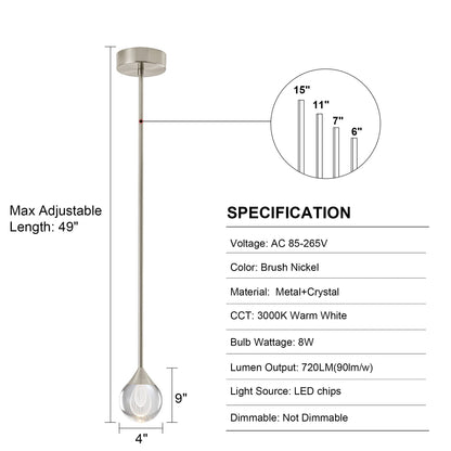 SUNMOO 1-Light Teardrop Crystal Pendant Light, Mini LED Crystal Globe Hanging Light Fixture, Modern Ceiling Pendant Lighting for Kitchen Island Dining Room Bedroom Bar 3000K 8W Brush Nickel