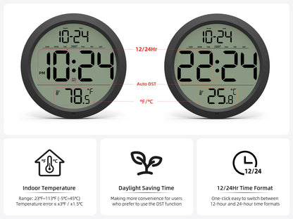 Digital Wall Clock with Date, Indoor Temperature, Auto-DST, Battery-Operated Digital Clock, 8 Inch Small Decorative Wall Clock for Bedroom, Living Room, Home, Kitchen, Office, Modern, Electric, Simple