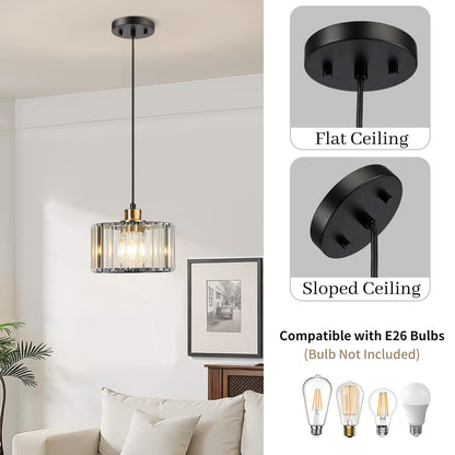 TALOYA Pendant Lights Kitchen Island Black and Gold, Crystal Pendant Light Modern for Dining Room, Height Adjustable Chandelier Hanging Island Light Fixtures for Kitchen Hallway(Bulb Not Included)
