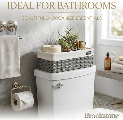 Brookstone Wicker Storage Basket Two Pack Set, Bathroom and Closet Organizers and Storage Bins with Fabric Liner, Grey