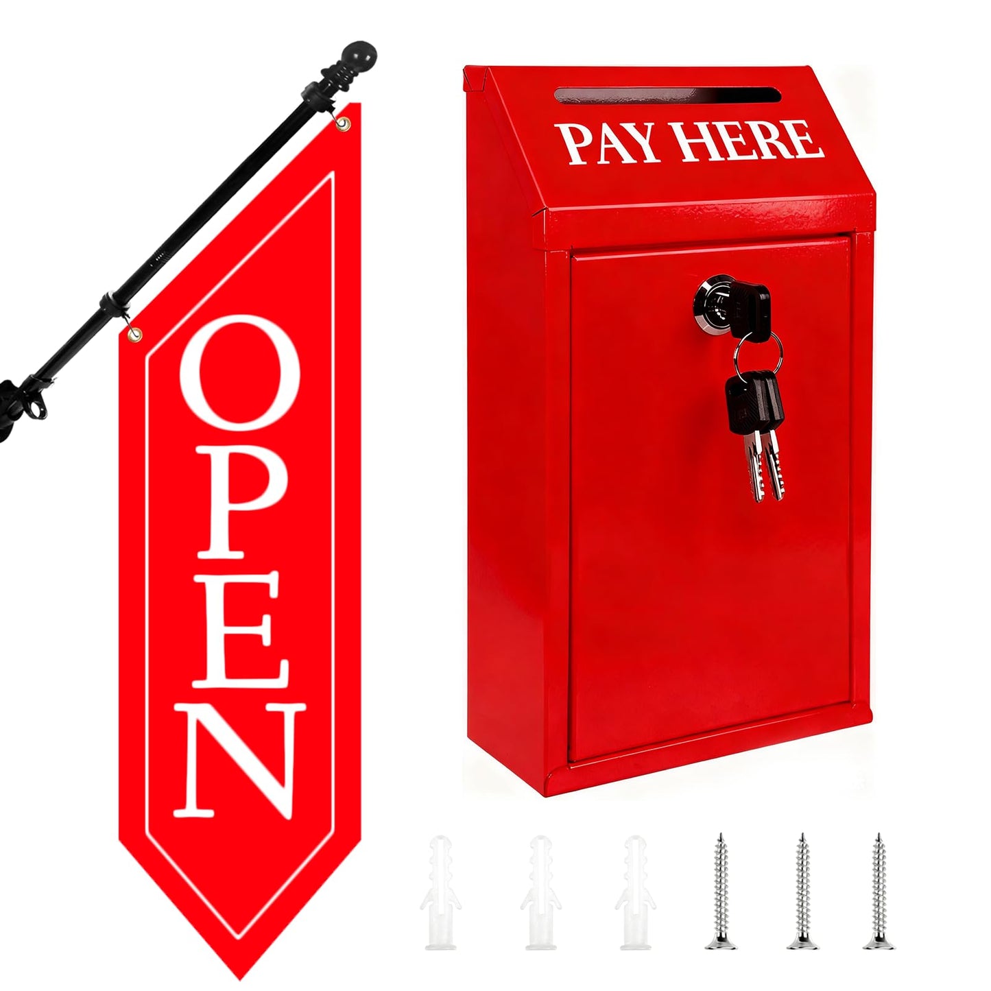 Locking Metal Cash Box with Key – 10.2"x5.7"x2.8" Money Collection Safe for Farm Stand or Retail – OPEN Flag Banner Kit with Pole & Bracket, Double-Sided Canvas Open Sign 42"x12" (Red)