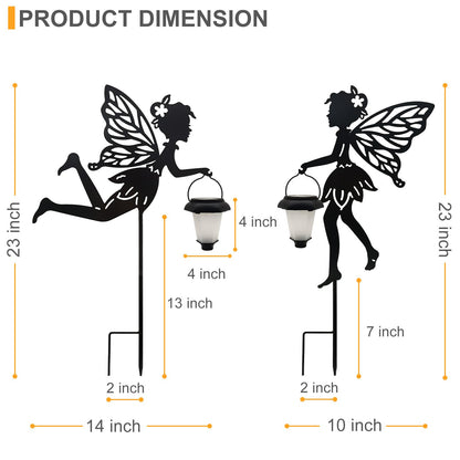 Solar Fairy Garden Stake Decorative Lantern, 2 Pack Metal Fairy Angel Garden Silhouette Lights for Lawn, Pathway, Patio, Yard Outdoor Decor