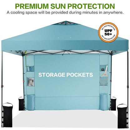 Tunbne 10'x10' Pop Up Canopy Tent with 1 Sidewall and 6 Pockets, One Push Setup, Instant Shade Tent with Vented Roof for Beach Patio Outdoor, Case, 8 Stakes, 4 Ropes, 4 Sandbags (Cyan, 10x10)