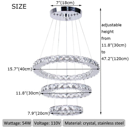 xychfantligh Modern 3 Ring Round Crystal Chandelier Adjustable Stainless Steel Pendant Lighting LED Crystal Ceiling Light Fixture for Living Room Dining Room Bedroom Cool White