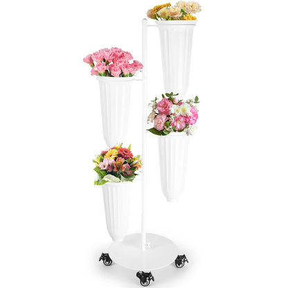 LEALIBAUSS Metal Flower Bar Stand With 4 Buckets Flower Cart Display Stand with Wheels Floral Bar for Wedding,Garden Events Party Decor (WHITE)