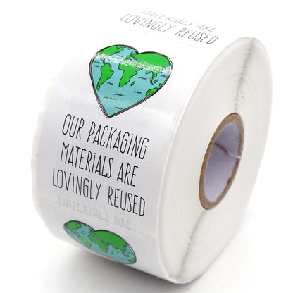 Muminglong 1.5 Inch Our Packing Materials Are Lovingly Reused Sticker, Thank You, Reused Box, Recycling Label, Love Shaped Earth, Handmade, Packaging, 500 PCS