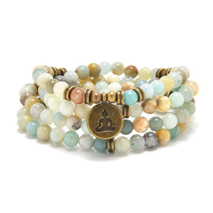 108 Mala Beads Bracelet Necklace with Yoga Symbol Buddha Charm – Gold-Plated Meditation Jewelry, Healing Stone, Ideal Spiritual Gift for Yoga & Meditation (Amazonite)