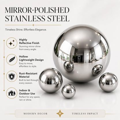 Nerien Gazing Ball, Stainless Steel Garden Mirror Globe, Polished Ornament Sphere, Hollow Floating Reflective Hemisphere, for Home Outdoor Pond Housewarming Swimming Pool Decoration, Silver, 5Pcs Mix