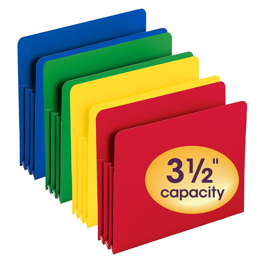 Smead Poly File Pocket, Straight-Cut Tab, 3-1/2" Expansion, Letter Size, Assorted Colors, Pack of 4