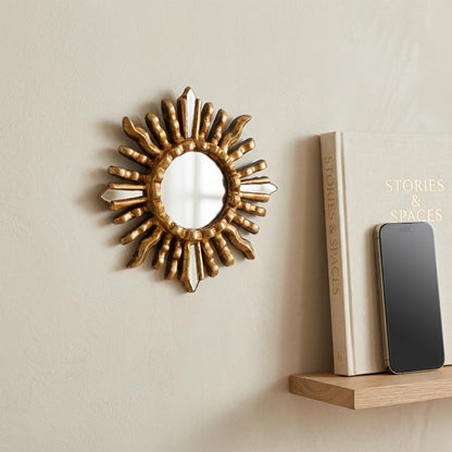 DecorContreras Handmade Small Round Wall Mirror with Bronze Leaf Finish - 6in Sun-Inspired Wood Mirror for Home Decor (Gold)