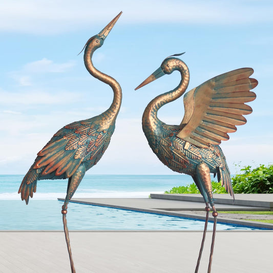 Oritty 33-37 Inch Metal Crane Garden Statue Décor, Bird Heron Garden Sculpture & Statues, Outdoor Decoration for Yard Pond Lawn Backyard Pool, Vintage Spread Wings Crane, Set of 2 Copper
