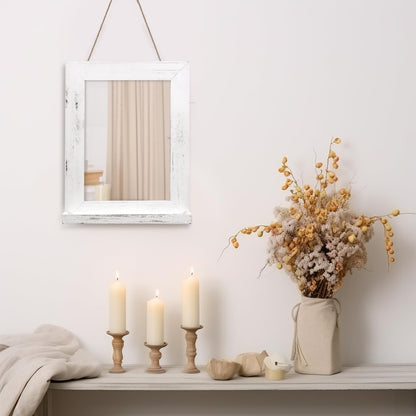 QDSSDECO 16"×20" Wall Mirror with Shelf Farmhouse Decor Rectangular Mirror Hanging for Bathroom, Vanity, Bedroom, Entryway, Living Room,White with Hemp Rope