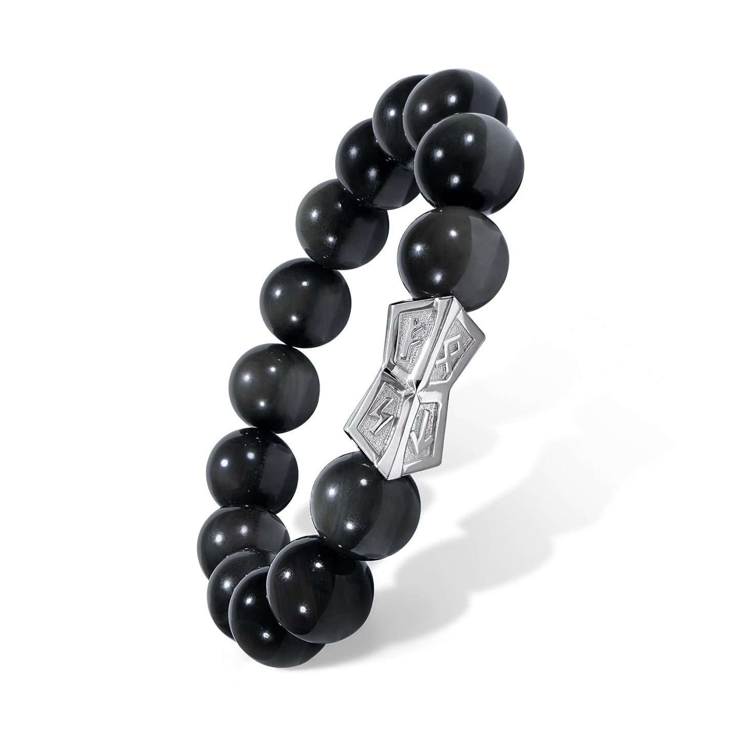 AWNL® Men's Beaded Bracelet with Sterling Silver Engraved Runes Charm 12mm Obsidian Natural Gemstone Gift for Men, 6.5''-7.1''