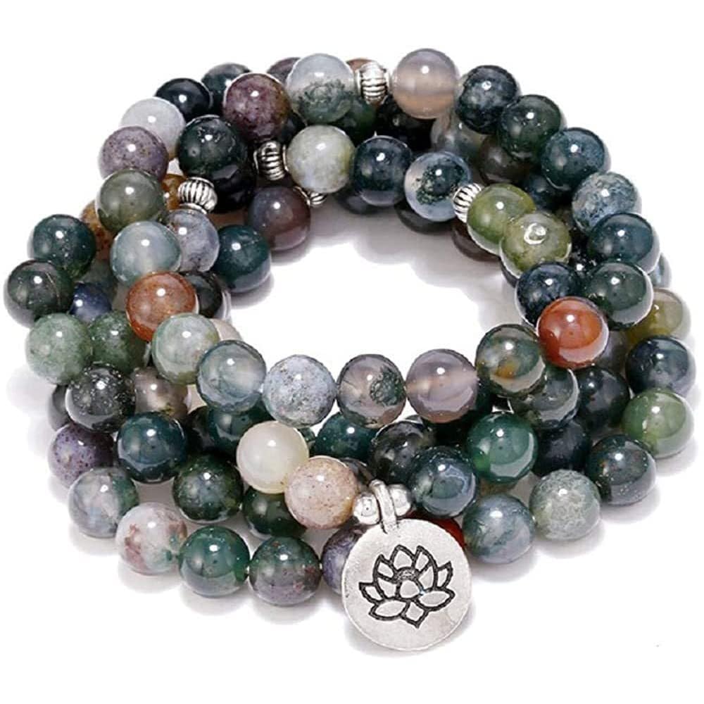 108 Natural Indian Agate Mala Beads Strand Bracelet Stretch Buddha Healing Gemstone Reiki Quartz Crystal Wrap Yoga Meditation Prayer Rosary Jewelry for Women Men-Lotus