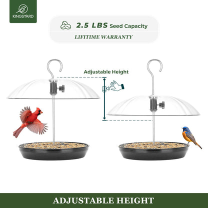 Kingsyard Adjustable Platform Bird Feeder for Outdoors, Hanging Metal Seed Tray with Clear Rain Proof Dome, Large Capacity for Wild Bluebird Cardinal Dove Mealworm, Black