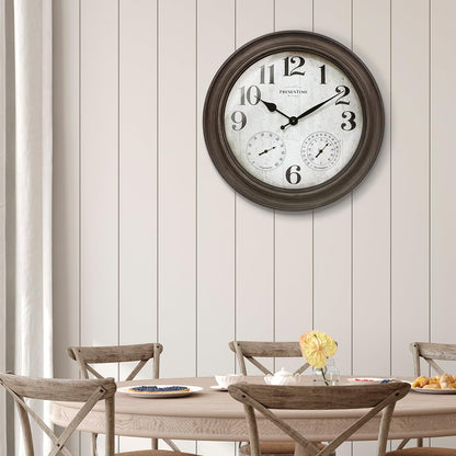 Presentime & Co. 26" Clifton in/Outdoor Farmhouse Clock with Thermometer & Hygrometer as All in One Weather Station, Farmhouse Wall Art and Timepiece for Home Decoration, Grey Oak Finish