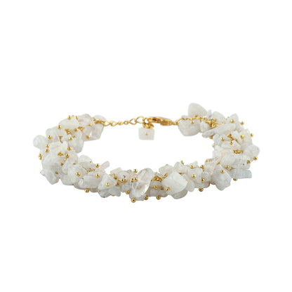 CRYSTALINES Natural White Moonstone Gemstones Cluster Bracelet, Handmade Bohemian Jewelry, Chips Nuggets Beads Stones, Healing Crystals, 14K Gold Plated Chain, Christmas Gift for Women, 8inch