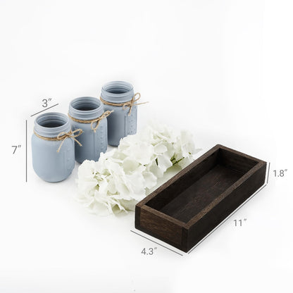 Mkono Mason Jar Centerpiece Decorative Wood Tray with 3 Painted Jars Artificial Flowers Rustic Country Farmhouse Thanksgiving Decoration for Coffee Table Dining Room Living Room Kitchen