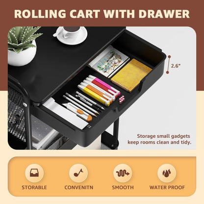 HIDODO 3 Tier Rolling Cart with Drawer, Metal Rolling Utility Cart on Wheels with Pegboard, Art Cart Storage Organizer with Tabletop for Living Room, Office, Bedroom (Black)