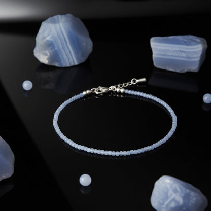 Authentic Blue Lace Agate Anklet Bracelet for Women - Lab Tested Natural Gemstone - 2mm Micro Faceted Beads - Adjustable 7 to 9 Inch Healing Crystal Foot Jewelry - Metaphysical Spiritual Gift for Peace & Throat Chakra Birthday Gift