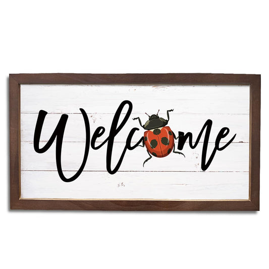 Ladybug Welcome Decor, Front Door Porch Signs, Welcome Decoration for Wall, Farmhouse Home Decors for Indoor Outdoor, Garden Yard Decors, Wooden Framed Wall Plaque 15×7.5×0.3 inches