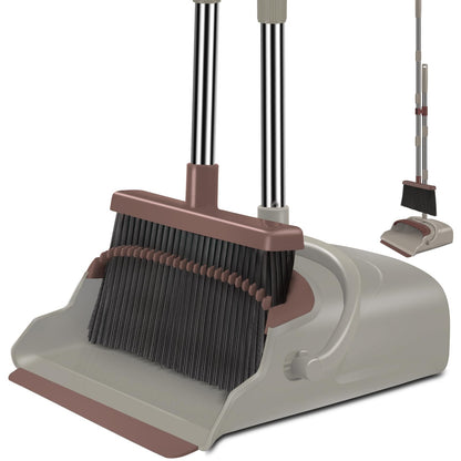 kelamayi Upgrade Broom and Dustpan Set, Self-Cleaning with Dustpan Teeth, Ideal for Dog Cat Pets Home Use, Super Long Handle Upright Stand Up Broom and Dustpan Set (Brown)