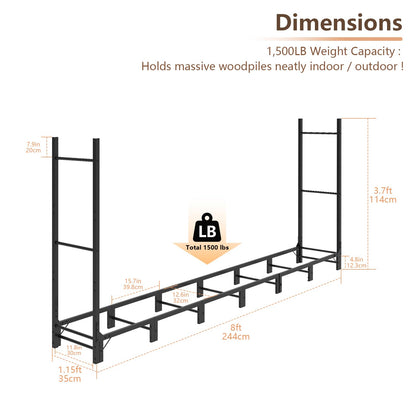 C-Hopetree 8Ft Outdoor Indoor Firewood Rack, Adjustable Metal Log Holder for Fireplace, Heavy Duty Wood Pile Storage Organizer Stacker Stand, Black