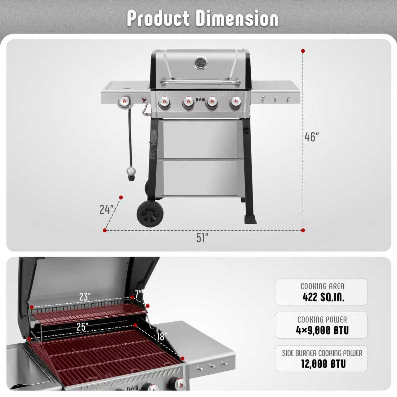 Feasto Propane Gas Grill, 36,000 BTU Outdoor Patio BBQ, Porcelain-Enameled Cookbox & Porcelain-Enameled Cast-Iron Grates, 559 Sq. In., Black (Black, 4) (Stainless Steel)