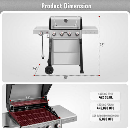 Feasto Propane Gas Grill, 36,000 BTU Outdoor Patio BBQ, Porcelain-Enameled Cookbox & Porcelain-Enameled Cast-Iron Grates, 559 Sq. In., Black (Black, 4) (Stainless Steel)