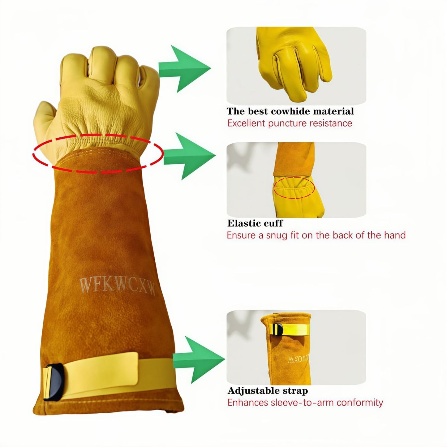 wfkwcxw Heavy Duty Cowhide Gardening Gloves-Thorn Proof & Adjustable-Perfect for Cactus,Roses,Weeding,Snake Handling&Poison Ivy Protection,Yellow, Small
