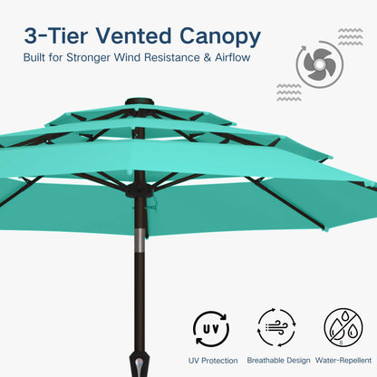 Patio Kingdom 10FT Patio Umbrella 3 Tiers Outdoor Market Umbrella w/Push Button Tilt, Crank, UV and Waterproof Table Umbrella for Garden, Pool, Backyard, Deck, Lawn, Turquoise Blue